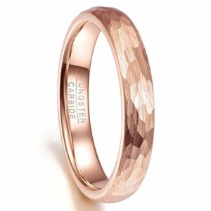 4mm - Unisex or Women's Tungsten Wedding Bands. Rose Gold Hammered Domed Top Comfort Fit Wedding Ring.