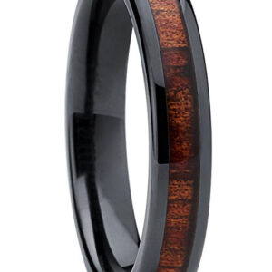 4mm - Women's Ceramic Wedding Bands. Black Ring with Koa Wood Inlay / Domed Top