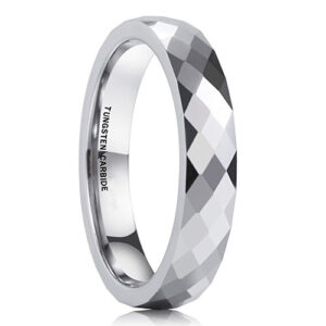 4mm - Women's Tungsten Wedding Band. Silver Tone Diamond Faceted High Polished Domed Tungsten Carbide Ring