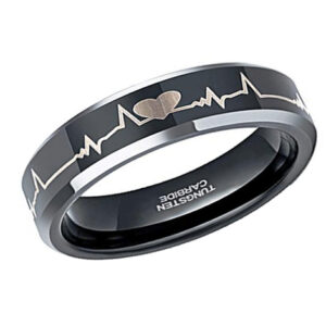 6mm - Unisex or Women's EKG Heartbeat Wedding Band. Black Tungsten with Silver tone laser Etched Heart Life-line. Comfort Fit Ring