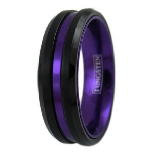 6mm - Unisex or Women's Tungsten Wedding Band. Black with Duo Tone Purple. Matte Finish Tungsten Carbide Beveled Edge Ring