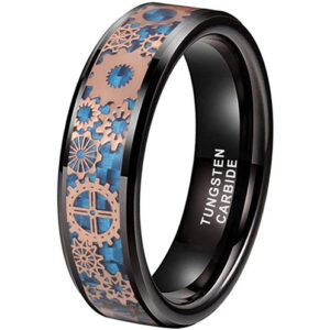 6mm - Unisex or Women's Tungsten Wedding Band. Wedding Band Black with Mechanical Gear (Rose Gold) Over Blue Carbon Fiber. Tungsten Carbide Ring
