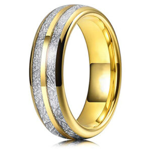 6mm - Unisex or Women's Tungsten Wedding Band. Yellow Gold Double Line Inspired Meteorite Domed Tungsten Carbide Ring. Comfort Fit