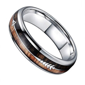 6mm - Unisex or Women's Tungsten Wedding Bands. Silver Tone Cupid's Arrow over Wood Inlay. Tungsten Ring with High Polish Dark Wood Inlay. Domed Top Ring.
