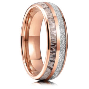 6mm - Unisex or Women's Wedding Tungsten Wedding Band. Rose Gold Tungsten Band with Antler Inlay and Inspired Meteorite. Domed Tungsten Carbide Ring. Comfort Fit