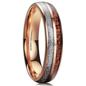 6mm - Unisex or Women's Wedding Tungsten Wedding Band. Rose Gold Tungsten Band with Wood Inlay and Inspired Meteorite. Domed Tungsten Carbide Ring. Comfort Fit