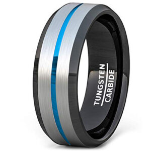 8mm - Silver, Blue and Black Tungsten Wedding Band Ring. Triple tone with Blue Middle Groove