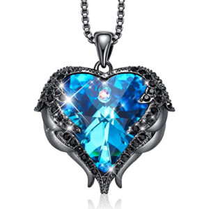 Black Pendant with Dark Blue Heart Crystal Hugged with Angel Wings and 18" Chain Necklace. For Lover's, Girl Friend, Wife, Valentine's Day, Mother's Day, Anniversary Gift Necklace for Women.