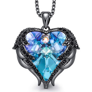 Black Pendant with Purple and Blue Heart Crystal Hugged with Angel Wings and 18" Chain Necklace. For Lover's, Girl Friend, Wife, Valentine's Day, Mother's Day, Anniversary Gift Necklace for Women.