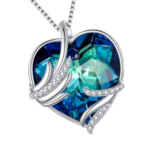 Blue and Green Heart Crystal Pendant with Angel Wings and 18" Chain Necklace. For Lover's, Girl Friend, Wife, Valentine's Day, Mother's Day, Anniversary Gift Necklace for Women.