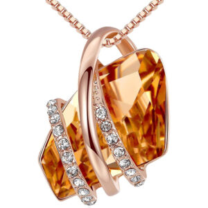 Classic Topaz Amber Brown Stone Crystal Pendant with 18" Rose Gold Chain Necklace. November Birthstone Crystal - For Lover's, Girl Friend, Wife, Valentine's Day, Mother's Day, Anniversary Gift - Gem Stone Necklace for Women.