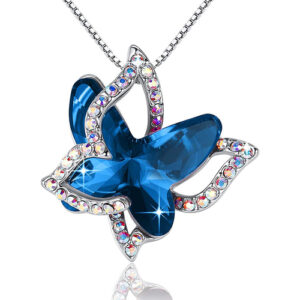 Dark Sapphire Blue Butterfly Crystal Pendant with 18" Chain Necklace. September Birthstone Light Sky Blue Crystal - For Lover's, Girl Friend, Wife, Valentine's Day, Mother's Day, Anniversary Gift - Butterflies Necklace for Women.