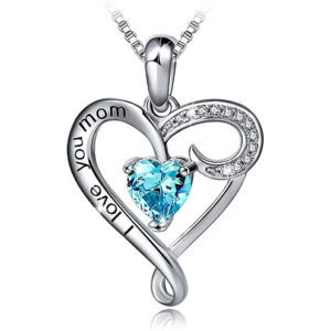 I Love You Mom - Aqua Blue Stone and Clear CZ Heart Pendant with 18" Silver Tone Chain Necklace. Mother's Day Gift, Birthday Gift for Mom Necklace Jewelry