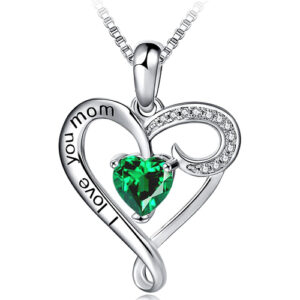 I Love You Mom - Green Stone and Clear CZ Heart Pendant with 18" Silver Tone Chain Necklace. Mother's Day Gift, Birthday Gift for Mom Necklace Jewelry