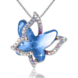 Light Sapphire Blue Butterfly Crystal Pendant with 18" Chain Necklace. December Birthstone Light Sky Blue Crystal - For Lover's, Girl Friend, Wife, Valentine's Day, Mother's Day, Anniversary Gift - Butterflies Necklace for Women.