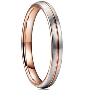 3mm - Unisex or Women's Tungsten Wedding Band Ring. Comfort Fit Matte Gray and Rose Gold Groove Round Domed Brushed Finish. Wedding Bands