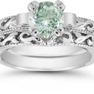 1 Carat Green Amethyst Art Deco Bridal Ring Set, 14K White Gold