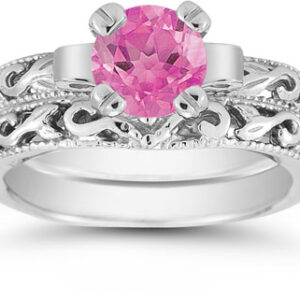 1 Carat Pink Topaz Art Deco Bridal Ring Set, 14K White Gold