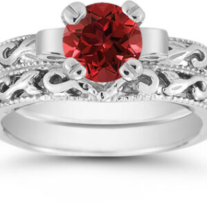 1 Carat Ruby Art Deco Bridal Ring Set, 14K White Gold