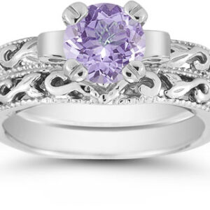 1 Carat Tanzanite Art Deco Bridal Ring Set, 14K White Gold