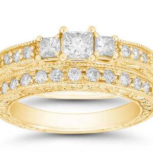 1 Carat Three Stone Princess Cut Antique-Inspired Diamond Bridal Wedding Ring Set, 14K Yellow Gold
