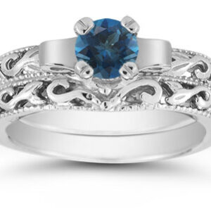 1/2 Carat Art Deco London Blue Topaz Bridal Ring Set, 14K White Gold