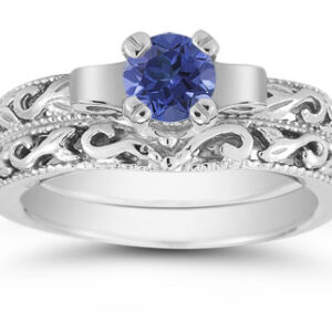 1/2 Carat Art Deco Sapphire Bridal Ring Set, 14K White Gold