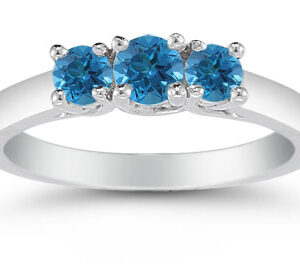 1/2 Carat Blue Diamond Three Stone Ring, 14K White Gold