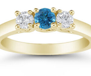 1/2 Carat Blue and White Diamond Three Stone Ring, 14K Gold