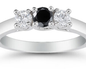 1/2 Carat Three Stone Black and White Diamond Ring, 14K White Gold