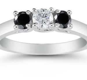 1/2 Carat Three Stone White and Black Diamond Ring, 14K White Gold