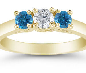 1/2 Carat White and Blue Diamond Three Stone Ring, 14K Gold