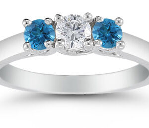 1/2 Carat White and Blue Diamond Three Stone Ring, 14K White Gold