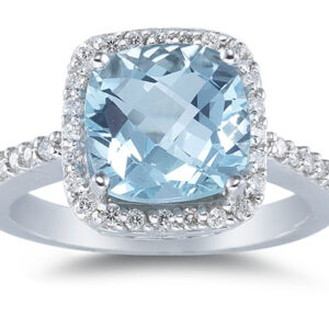 1/3 Carat Diamond and Aquamarine Ring, 14K White Gold