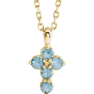 14K Gold 5-Stone Aquamarine Cross Necklace