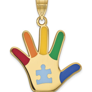 14K Gold Enameled Autism Awareness Hand Necklace with Puzzle Piece