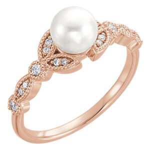 14K Rose Gold Cultured Freshwater Pearl Diamond Leaf Ring