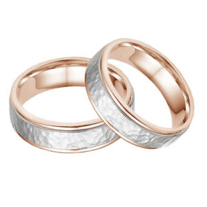 14K Rose and White Gold Hammered Wedding Band Set