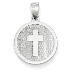 14K White Gold Cross Disc Charm Pendant with "God Bless"