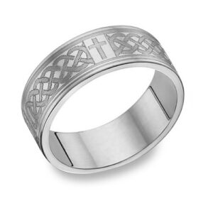 14K White Gold Engraved Celtic Cross Wedding Band