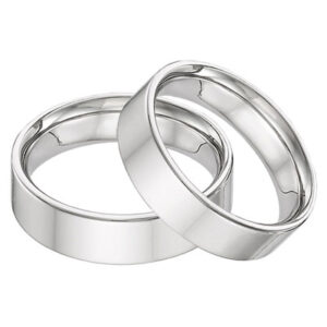 14K White Gold Flat Wedding Band Set - 6mm