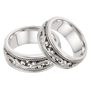 14K White Gold Paisley Wedding Band Set