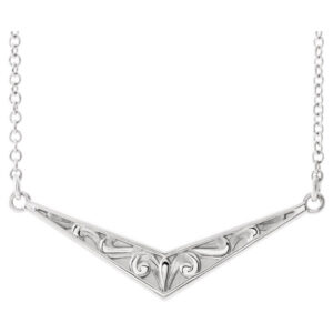 14K White Gold Sculptured V Bar Necklace, 16 - 18 Inches