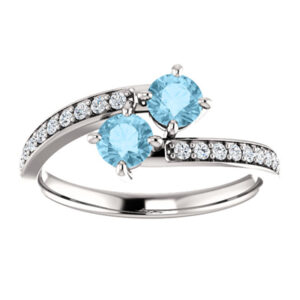 14K White Gold Two Stone Aquamarine and Diamond Ring