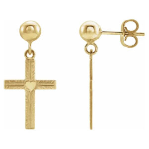 14K Yellow Gold Engraved Cross Dangle Earrings