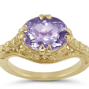 1800s Vintage Filigree Oval Amethyst Ring in 14K Yellow Gold