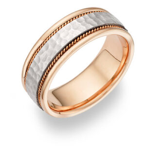 18K Rose Gold & White Gold Hammered Wedding Band