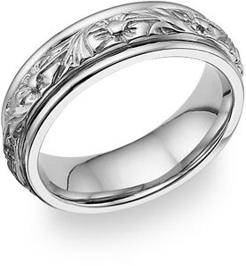 18K White Gold Floral Design Wedding Band Ring