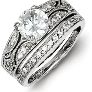 2-Piece Silver Milgrain CZ Engagement Wedding Ring Set