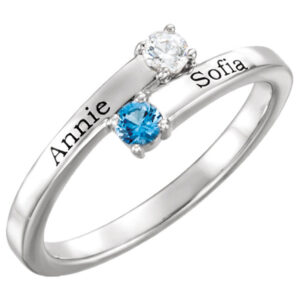 2-Stone Family Gemstone Engravable Ring with Names, 14K White Gold